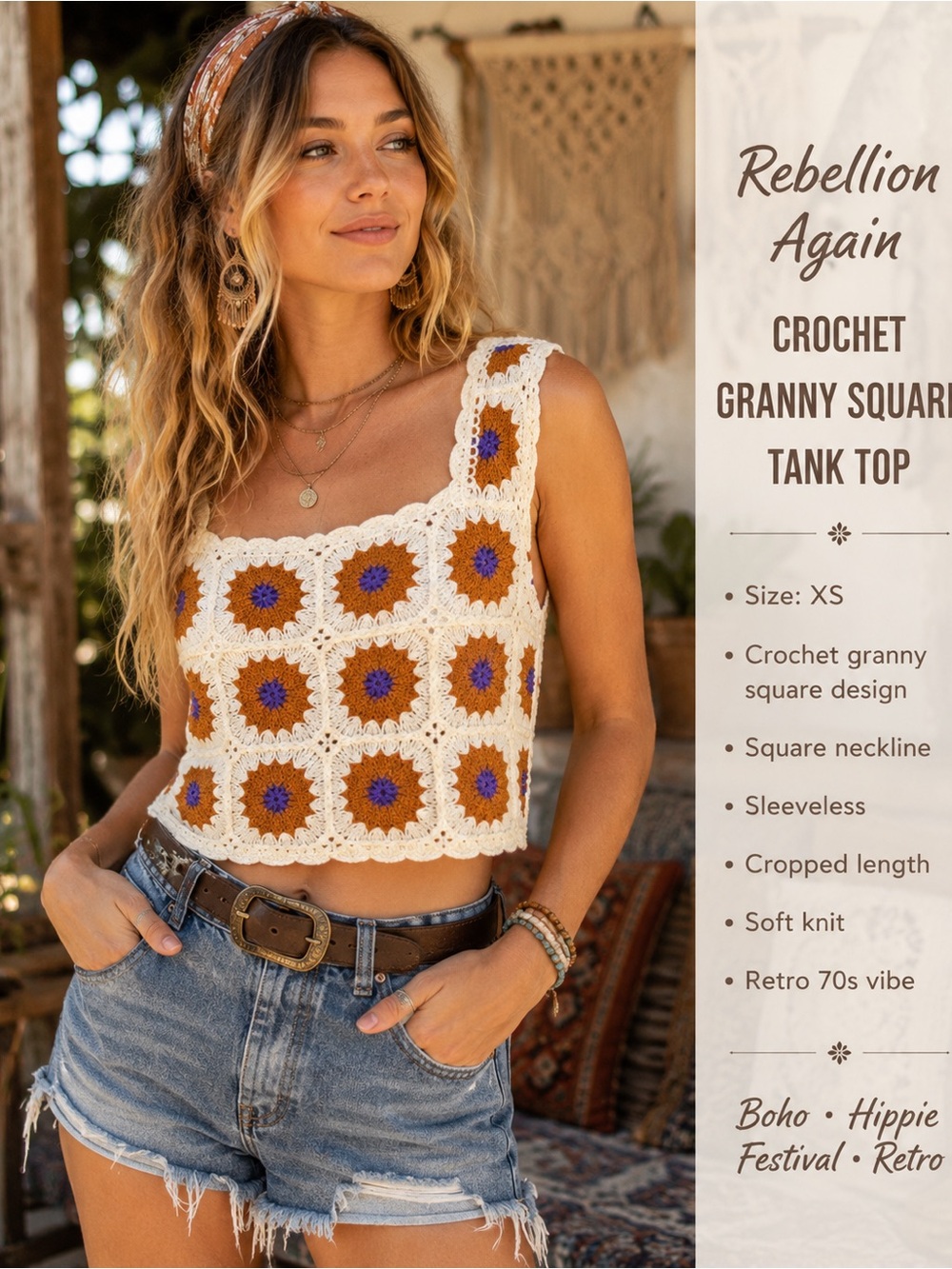 Rebellion Again Crochet Granny Square Tank Top XS Boho Festival Crop top
